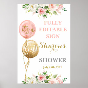 Rosa Ballons Babydusche Mädchenzeichen Poster