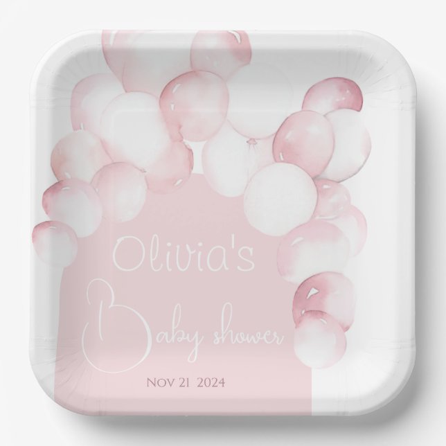 Rosa Ballons Bogen Babydusche Pappteller (Vorderseite)