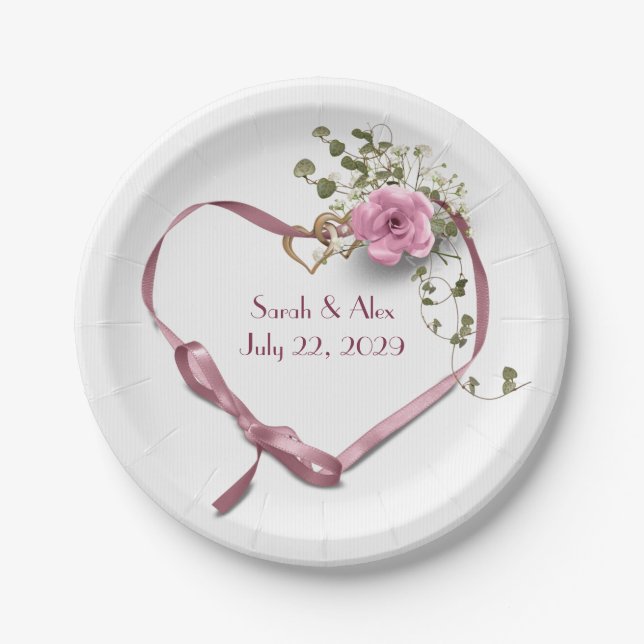 Rosa Band Herz mit Rose Pappteller (Vorderseite)