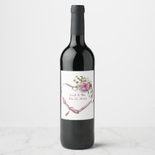 Rosa Band Herz mit Rose Weinetikett