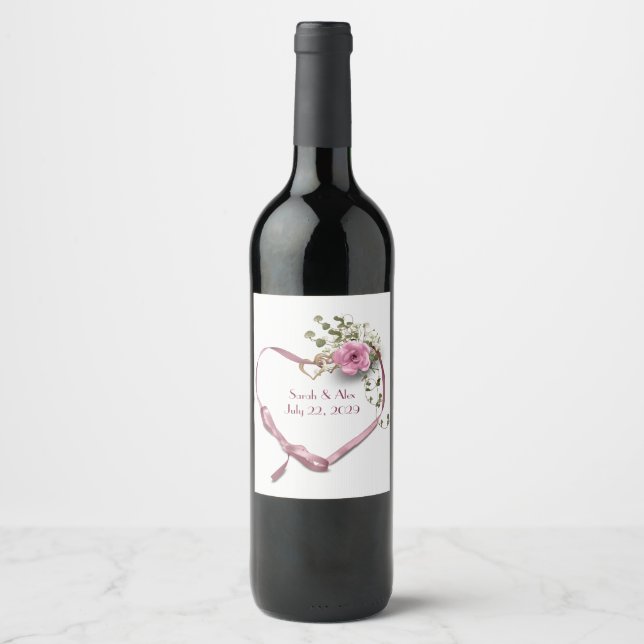 Rosa Band Herz mit Rose Weinetikett (Vorderseite)