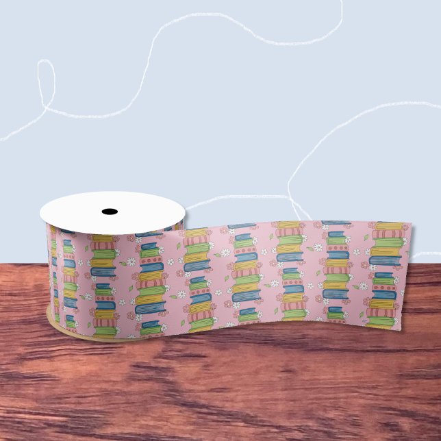 Rosa Band mit Kacheln aus Büchern und kleinen Blum Satinband (Cute pink ribbon for book lovers .)
