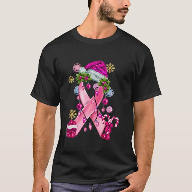 Rosa Band mit Weihnachtsmannmütze Brustkrebs Bewus T-Shirt (Vorderseite)