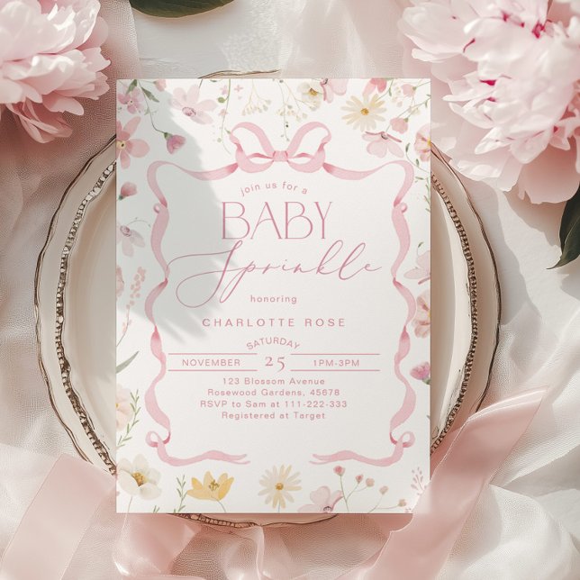 Rosa Bänder Rahmen Wildblume Baby Sprinkle Einladung (Von Creator hochgeladen)