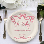 Rosa Bänderbogenknopfhose Babydusche Pappteller<br><div class="desc">Rosa Band Skizze Handschrift Schriftart Babydusche Vorlagenpapier Teller personalisiert Babydusche Geschirr,  moderne verrückte Drehbuch Whimsile Illustration oh Baby Dusche Teller</div>