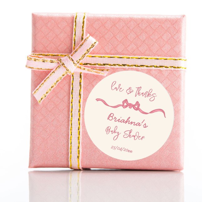 Rosa Bänkeschleife Babydusche bevorzugt Runder Aufkleber (Pink ribbon bow sketch baby shower thank you favor stickers whimsical handwriting scribble drawing)