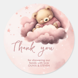 Rosa Bär auf Wolken Babydusche Einladung Runder Aufkleber
