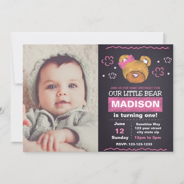 Rosa Bär Geburtstag Einladung mit Foto (Vorderseite)