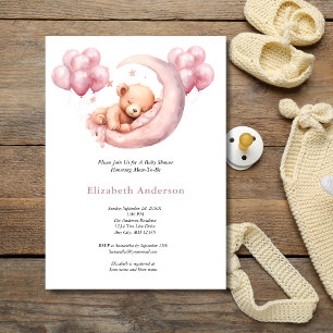 Rosa Bär schläft in Mondballons Baby Shower Einladung