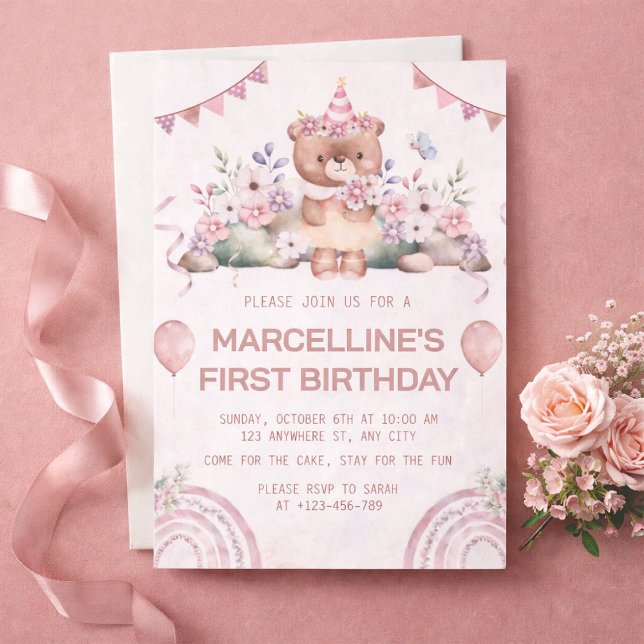 Rosa Bär zum 1. Geburtstag Einladung (Von Creator hochgeladen)