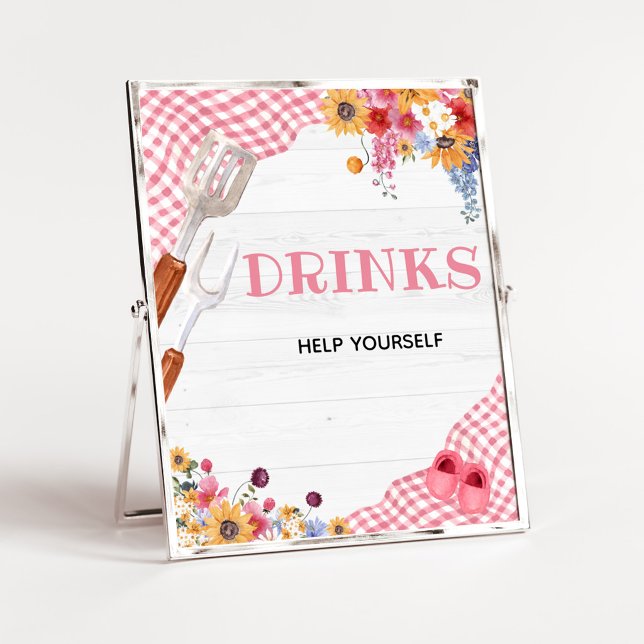 Rosa Barbeque-Baby-Shower-Getränke-Schild Poster (Girl Baby-Q Baby Shower Drinks Sign)