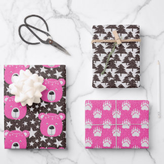 Rosa Bären, Bärenpaws und Bäume, Wald Krieg Geschenkpapier Set