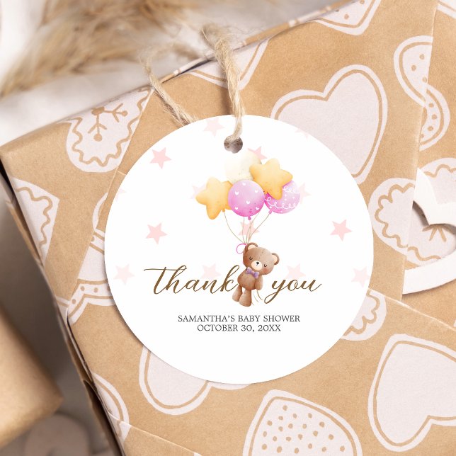 Rosa Bärenballon Babydusche Runde Geschenkanhänger (Girl We Can Bearly Wait Balloon Baby Shower Favor Tags)