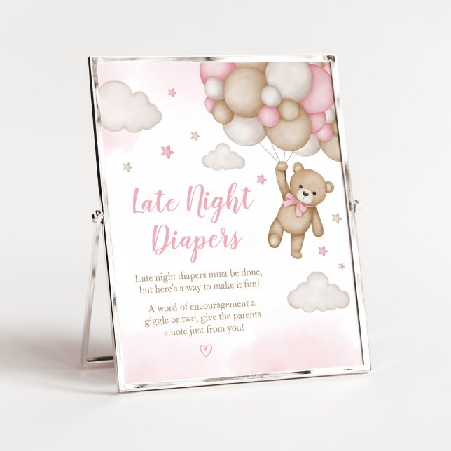 Rosa Bärenballon Babydusche Späte nächtliche Winde Poster (Girl Bear Baby Shower Late Night Diapers Sign)