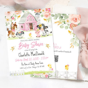 Rosa Barnyard Animals Floral Baby Dusche Einladung