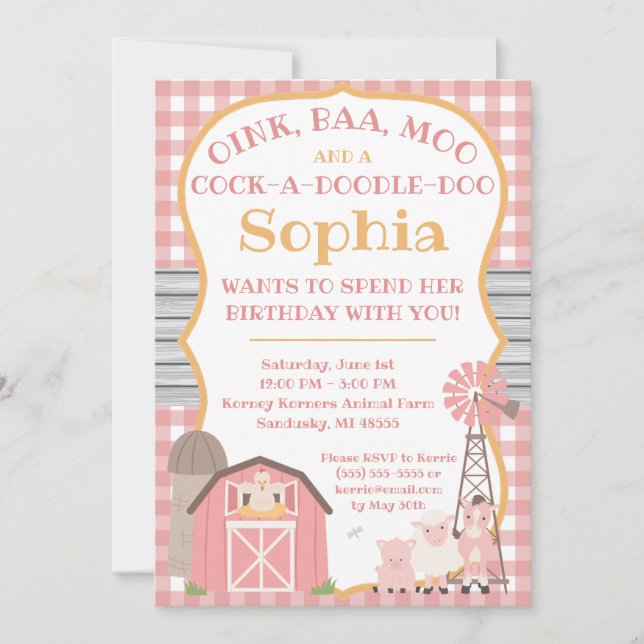 Rosa Barnyard Tiere Geburtstagseinladung Einladung (Vorderseite)