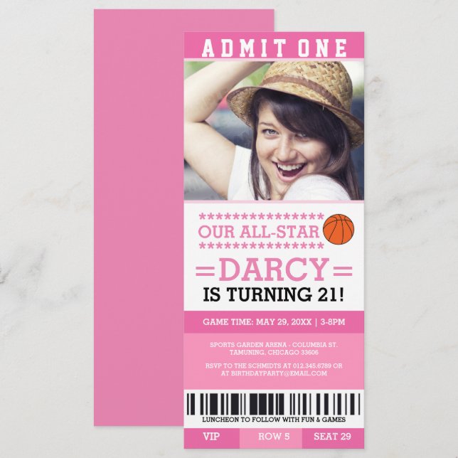 Rosa Basketball Ticket Geburtstag Einladung (Vorne/Hinten)