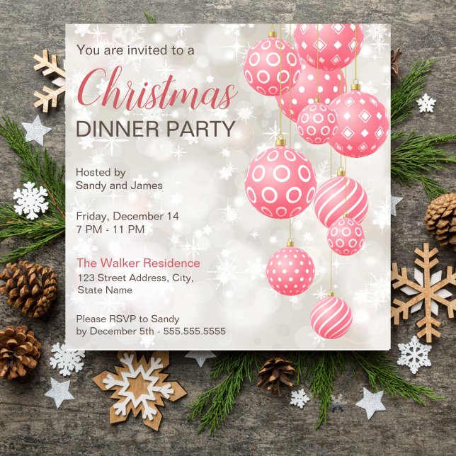 Rosa Baubles, graue Pastellfarben, Hintergrund Einladung (Pink baubles grey pastel colors background Christmas dinner party editable template invitation)