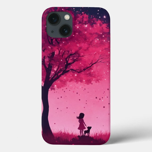 Rosa Baum und Sterne Apfel iPhone 13 Hülle (Rückseite)