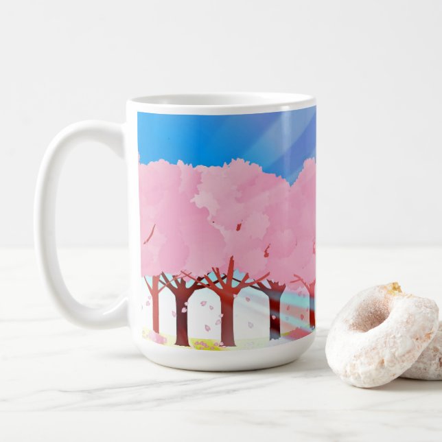 Rosa Bäume und blaues Himmelsdesign Kaffeetasse (Mit Donut)