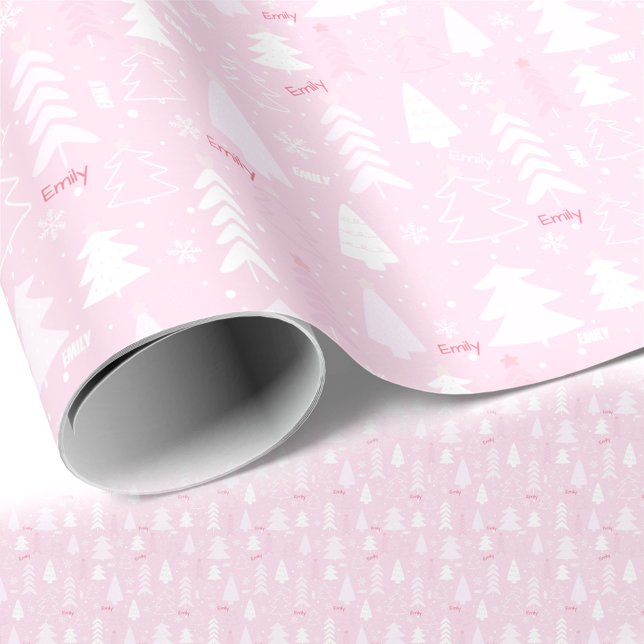 Rosa Bäume Winter Name Text Weihnachten Geschenkpapier (Pink Trees Winter Name Text Christmas Wrapping Paper)