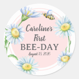 Rosa Bee-Day-Geburtstagsaufkleber mit Gänseblümche Runder Aufkleber