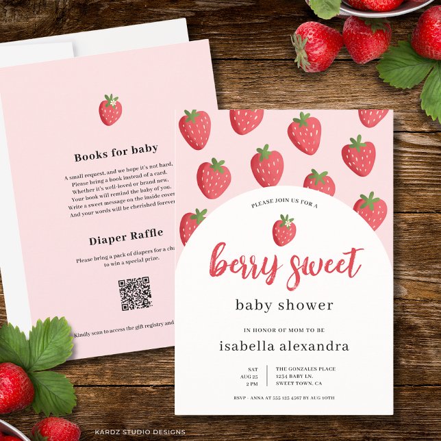 Rosa Beeren-Süße Erdbeeren Baby Shower Einladung (The front and back of the invitation are shown in 5x7-inch size.Choose size, paper, and corner style)