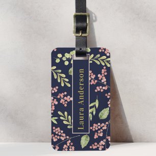 Rosa Beeren und Laub Custom Name Navy Blau Gepäckanhänger