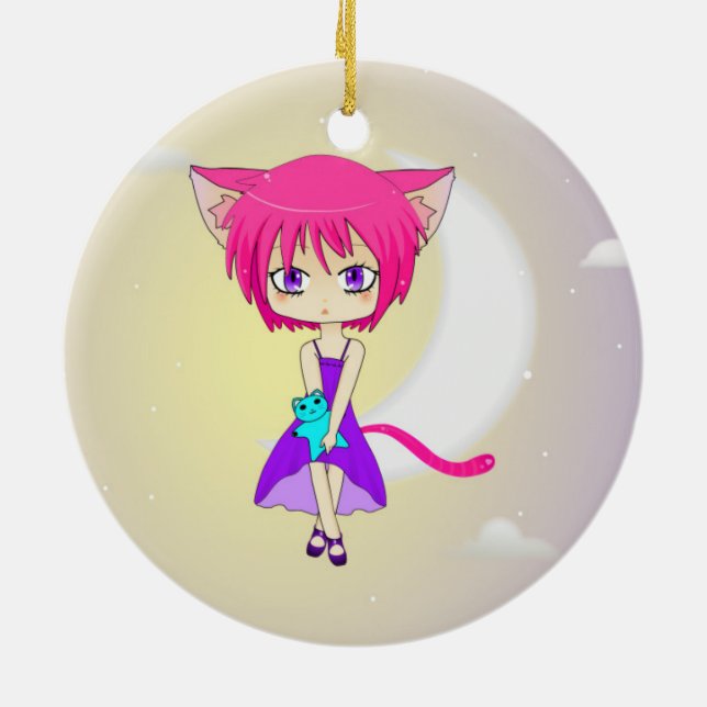 Rosa behaartes Neko Anime-Mädchen, Verzierung Keramikornament (Hinten)