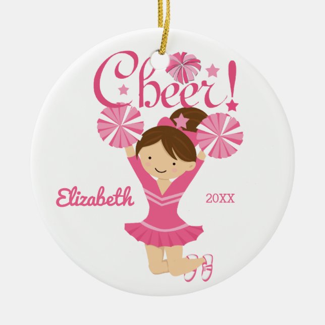 Rosa Beifall-brünette Cheerleader-Verzierung Keramikornament (Vorne)