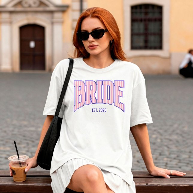 Rosa + Beige Streifen Navy Varsity BRIDE T-Shirt (Personalize with names, dates, locations or events.)