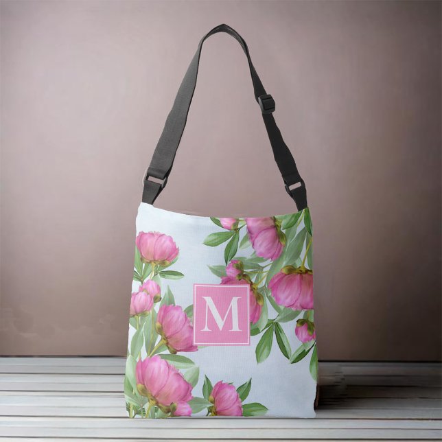 Rosa benutzerdefinierte Monogramm Tragetaschen Mit Langen Trägern (Pink Peonies shoulder tote bag.)