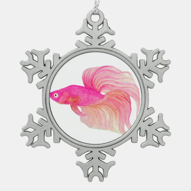 Rosa Betta Fish Aquarell Schneeflocken Zinn-Ornament (Vorderseite)