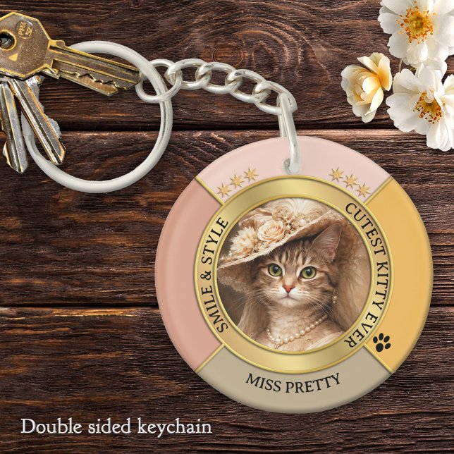 Rosa bezauberndes Chic-Katze-Foto  Schlüsselanhänger (Elegant feminine keychain featuring your custom cat photo framed by pink terra cotta and gold design)