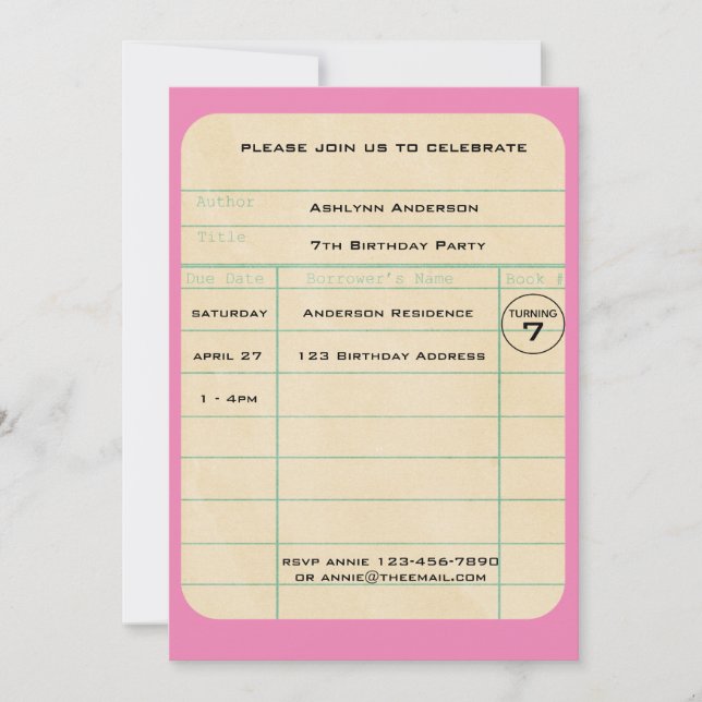 Rosa Bibliothekskarte Geburtstag Einladung (Vorderseite)