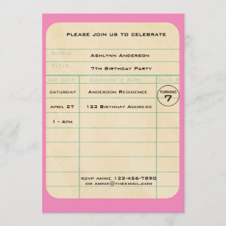 Rosa Bibliothekskarte Geburtstag Einladung