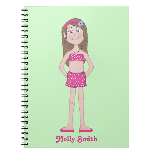 Rosa Bikini, helle Haut mit brünetten und blauen A Notizblock (Vorderseite)