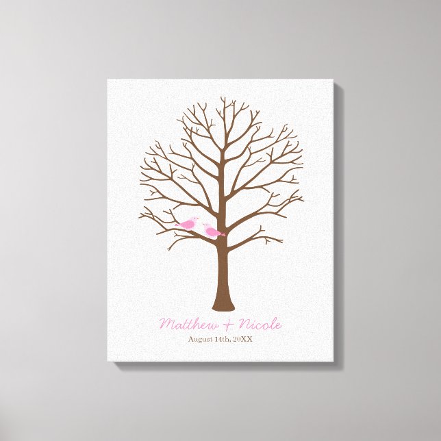 Rosa Birds Brown Fingerprint Tree Hochzeit Leinwanddruck (Vorderseite)