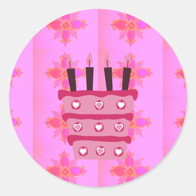 Rosa Birthday Cake Art Print Runder Aufkleber (Vorderseite)
