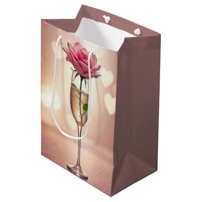 Rosa Birthday Rose in Champagne Flute Mittlere Geschenktüte (Vorderseite Schrägansicht)