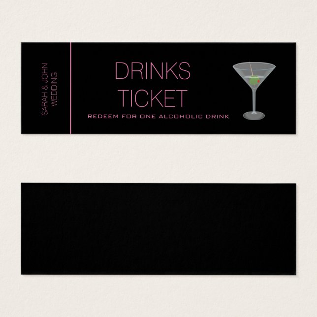 Rosa Black Drink Ticket Hochzeitskarte (Vorne & Hinten)
