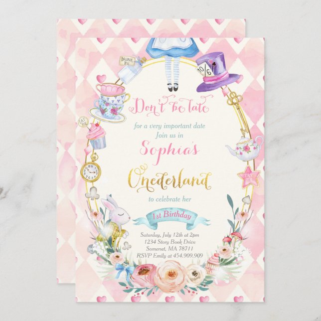 Rosa Bläseralie in ONEderland Birthday Tea Party Einladung (Vorne/Hinten)