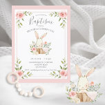 Rosa Bläserblase Taufe Weihnachten Einladung Postkarte<br><div class="desc">Süße kleine Aquarellkaninchen in einem Korbkorb mit wertvollen pastellfarbenen Blume. Ihre kleine rosa Decke ist über die Korbseite gezogen. So niedlich für das kleine Mädchen Taufe/Christening. 100% Kundenzufriedenheit mit "Zazzle"</div>