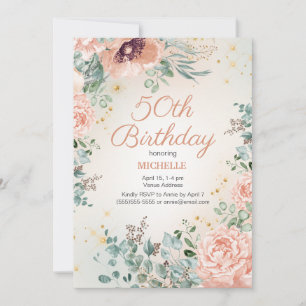Rosa Bläsergoldblüte Glitzer 50. Geburtstag Einladung