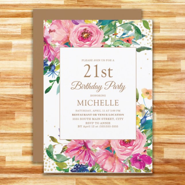 Rosa Bläsergolden Glitzer Frauen 21. Geburtstag Einladung (Pink, yellow, and blue watercolor floral with gold glitter women's 21st birthday party invitation)