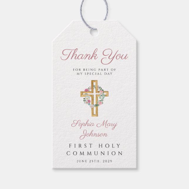 Rosa Bläserkraut Kreuzmädchen Erste Kommune Geschenkanhänger (Vorderseite)