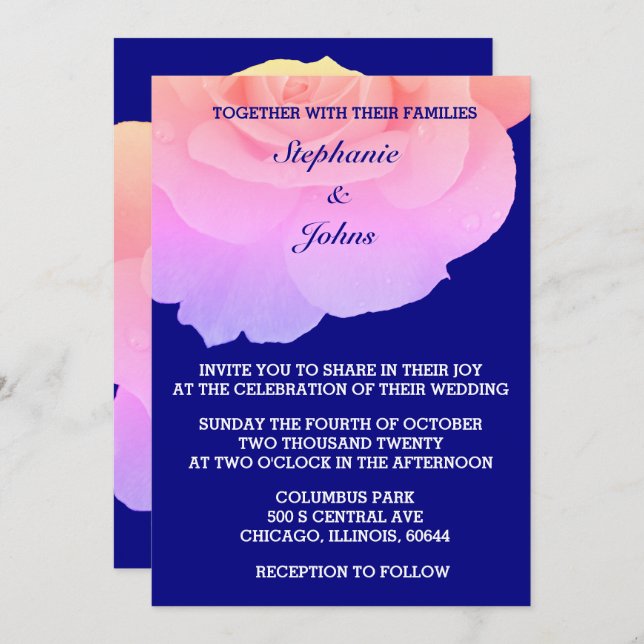 Rosa Bläsernavy Blauer Rose Blume Hochzeit Einladung (Vorne/Hinten)