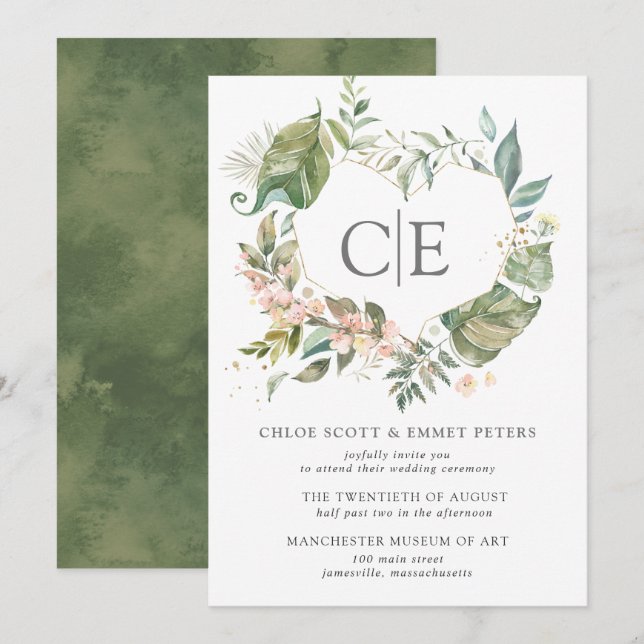 Rosa Bläserne botanische Hochzeit des rustikalen H Einladung (Vorne/Hinten)