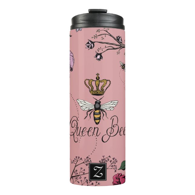 Rosa Bläserqueen Bee & Gold Crown Monogram Thermosbecher (Vorderseite)