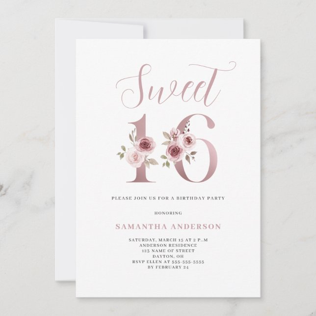 Rosa Bläsersüß 16 Geburtstag Einladung (Vorderseite)